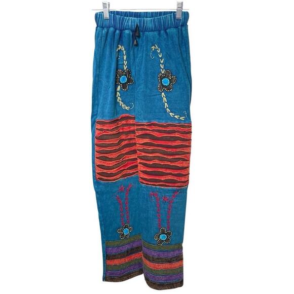 KPC Pants - KPC 100% Cotton Embroidered 90's Y2K PatchworkPants, Boho Hippie Free Spirit, M